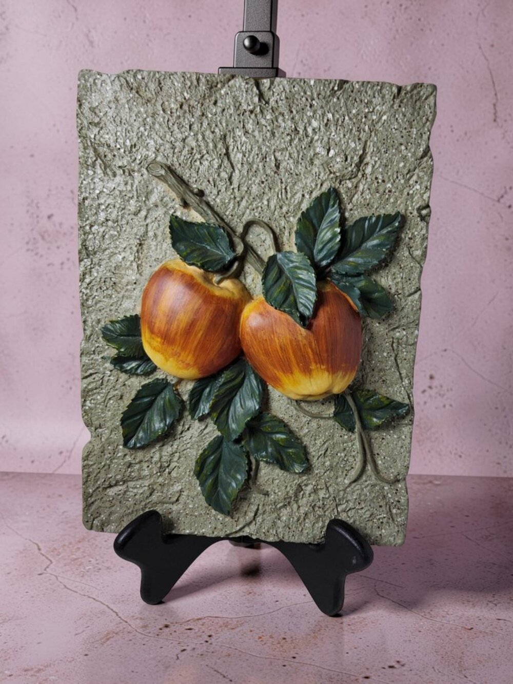 Vintage 3D handpainted apple textured Ceramic wall plaque with display stand 10.